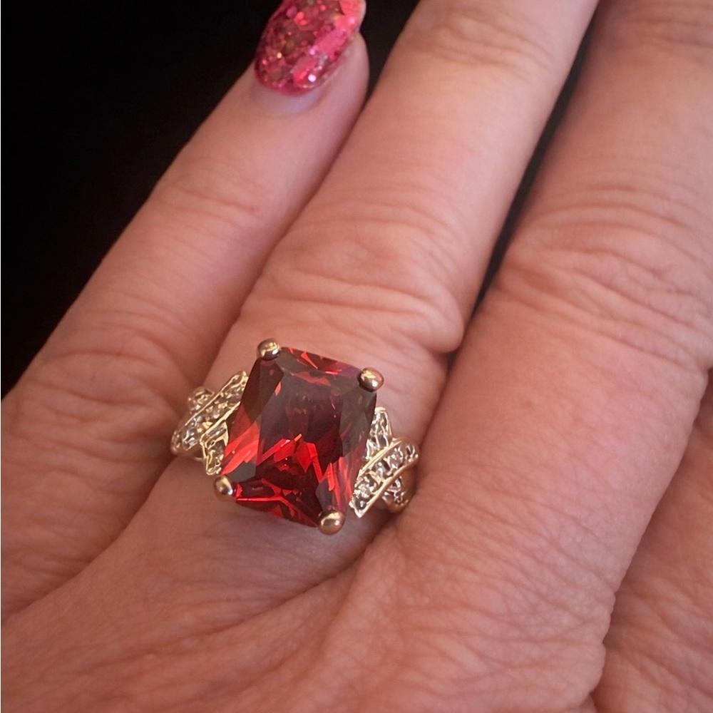 18K Gold Electroplate Red Crystal Cocktail Ring CZ Accents Size 7